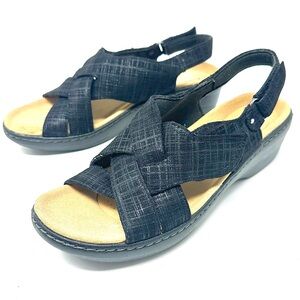 Clarks Black Cross-Strap Slingback Wedge Sandals